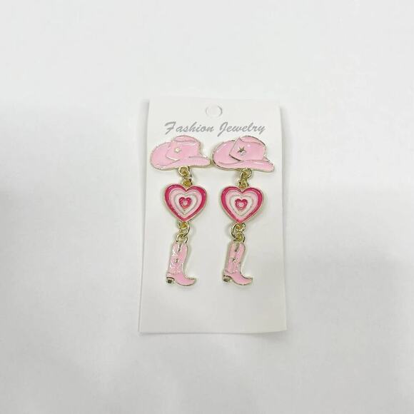 2/$24 NEW Pink Cowgirl Earrings Post Gold Tone Cowboy Boots Hat 158 - Picture 4 of 8
